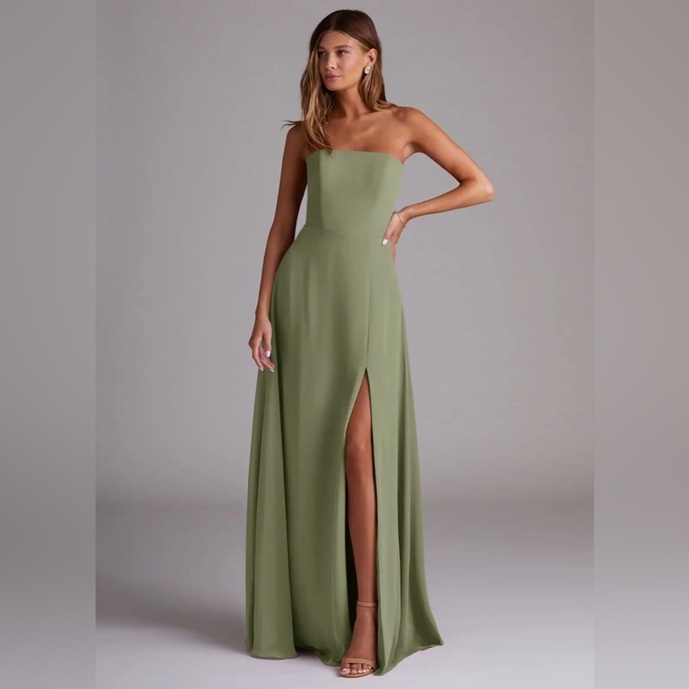 Azazie Olive Green Strapless Slit Evening Dress
